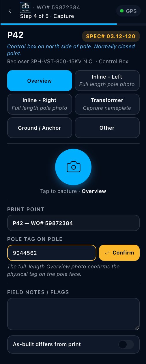 AIS|Grid point capture screen showing spec number, photo type selection, pole tag confirmation, and as-built toggle